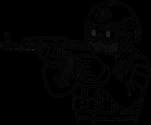 Homepage drawing of a person aiming an ak-47 to the left
