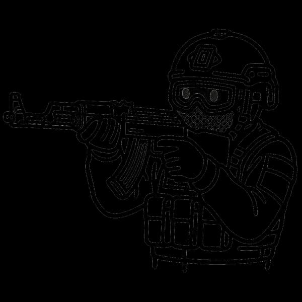 Homepage drawing of a person aiming an ak-47 to the left